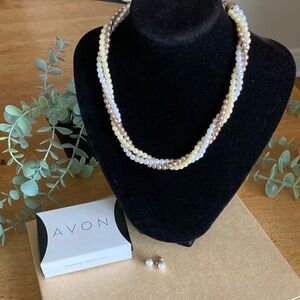 Vintage Avon 3-Strand Pearl Torsade Necklace & Stud Set | Cream White Gold NIB